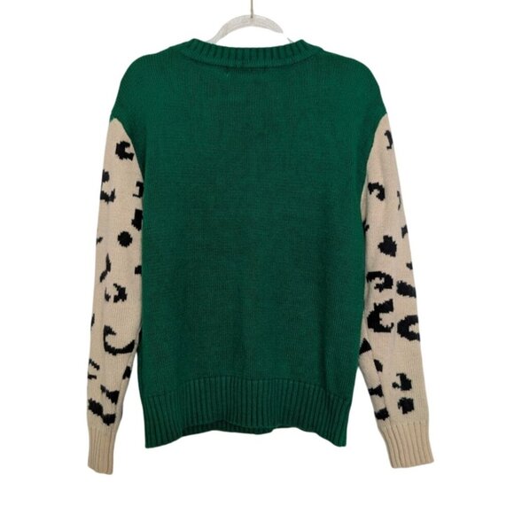 Angashion Snow Leopard Sweater Womens Size Medium Green Artsy Animal Print Knit - Picture 6 of 9